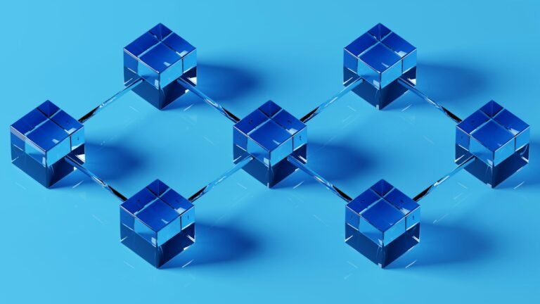 Illustration of connected blue cubes representing blocks in a blockchain