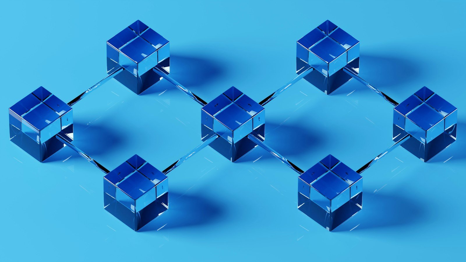 Illustration of connected blue cubes representing blocks in a blockchain