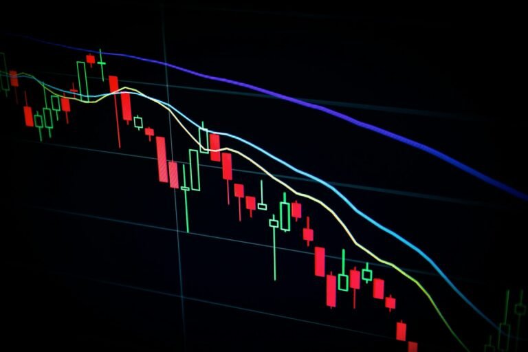 Stock market candlestick chart on a dark screen